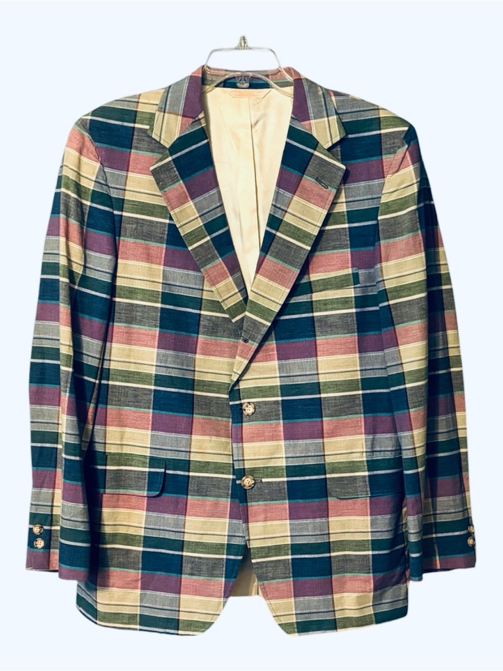 Vintage Madras Plaid Sport Coat Made In USA by Huntington 40R Cotton